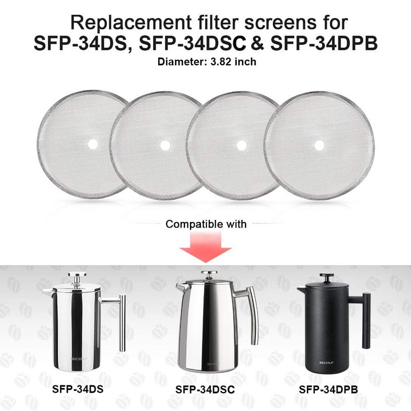 Secura French Press Replacement Screens  Stainless Steel Reusable Mesh Filter for 34 Ounce  1 Liter  8 Cup Coffee Press  4 Pack - Image 2